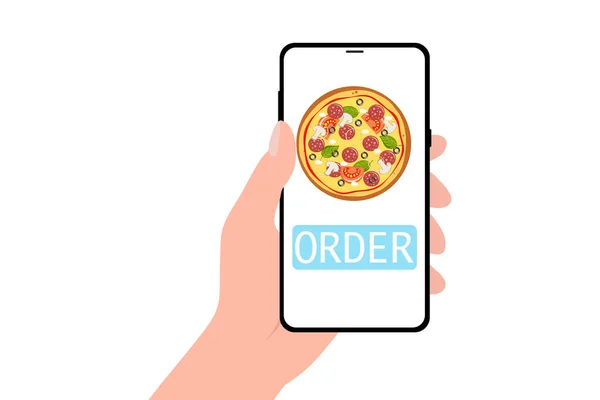 Ecommerce concept: order fast food online. Hand holding smartphone with pizza and button on screen. Vector flat cartoon illustration for advertisement, web sites, banners design. Delivery service. — Stock Vector