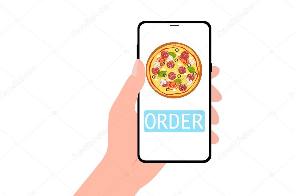 Ecommerce concept: order fast food online. Hand holding smartphone with pizza and button on screen. Vector flat cartoon illustration for advertisement, web sites, banners design. Delivery service.