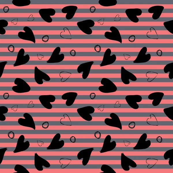Motif Sans Couture Avec Des Cœurs Sur Fond Rayé Monochrome — Image vectorielle