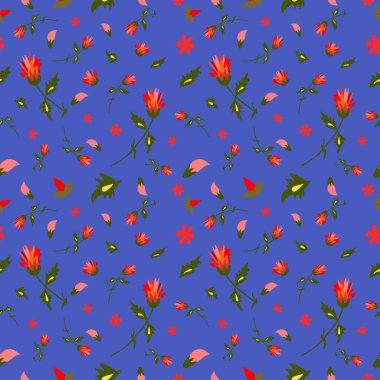 Kusursuz kare çiçekli desen, koyu mavi arka planda kırmızı ve pembe çiçekler.