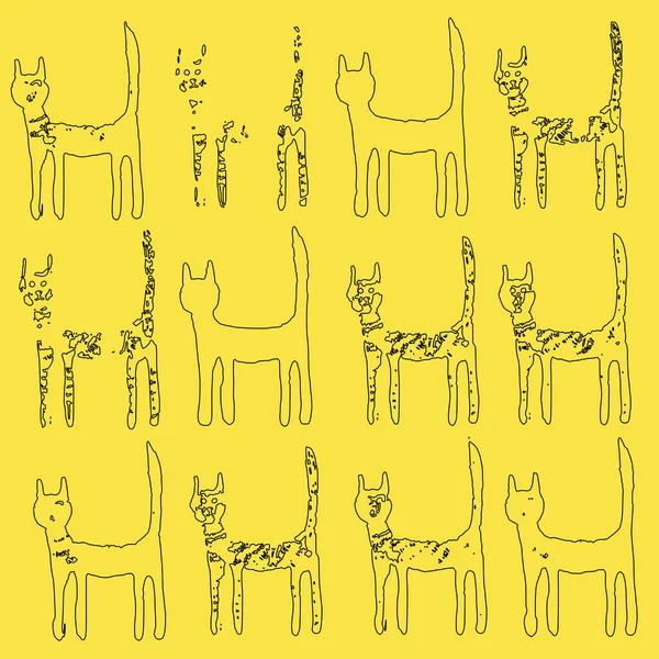 黄色の背景に線形ファンタジー猫とシームレスな正方形のパターン メモノート 線形シルエット — ストックベクタ