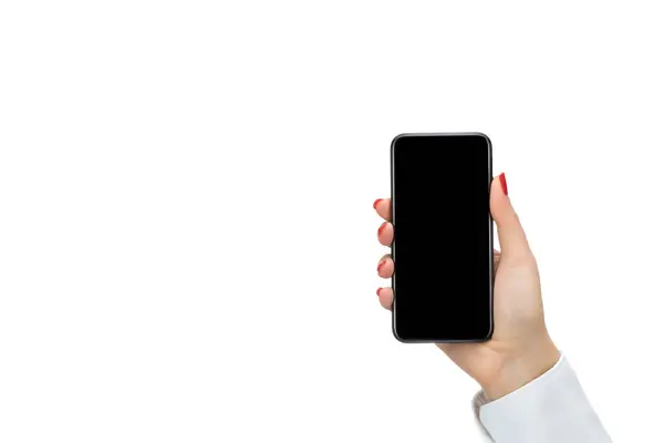 Hand met mobiele slimme telefoon geïsoleerd op wit — Stockfoto