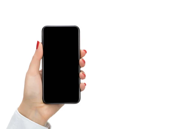 Hand holding mobile smart phone isolated on white — Stock Photo, Image