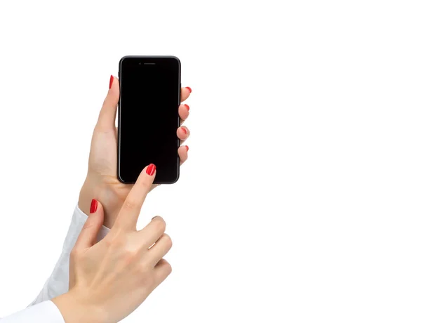 Mano que sostiene el teléfono inteligente móvil aislado en blanco —  Fotos de Stock