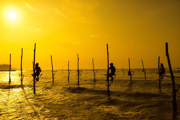 Sri Lanka'nın geleneksel balıkçı sanset üzerinde. Balıkçılık silt üzerinde olduğunu — Stok fotoğraf