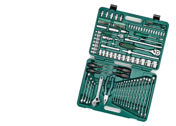 Set di utensili manuali. Molte chiavi e strumenti close-up in scatola per — Foto Stock