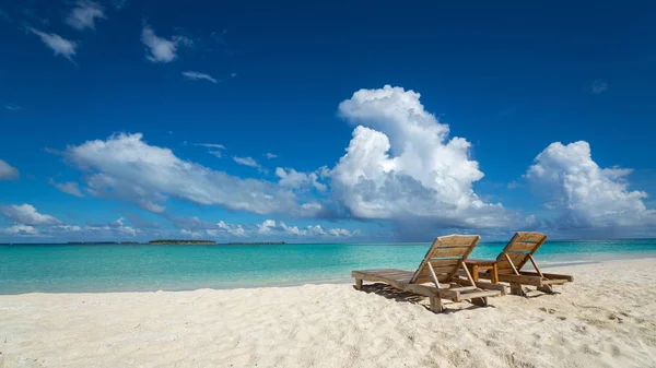 Puste drewniane leżaki na tropikalnej plaży, wakacje. Trave — Zdjęcie stockowe