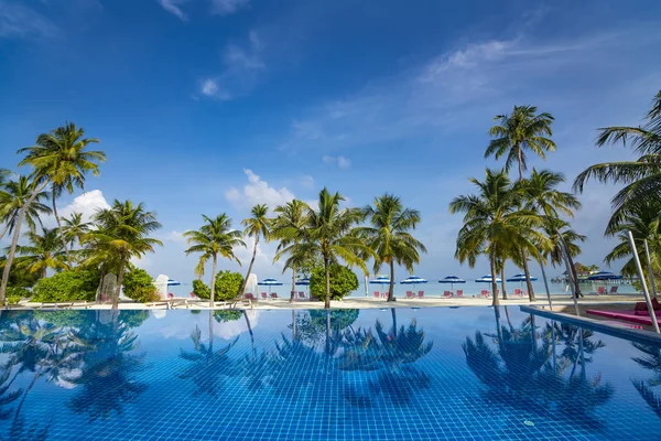 Krásná pláž a bazén. Pohled na pěknou tropickou pláž s palmami — Stock fotografie