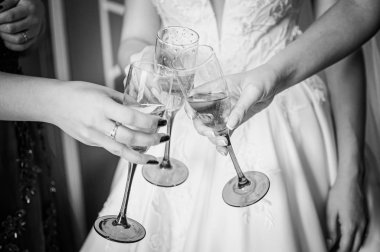 Şampanya kadehleriyle şakırdayan kızlar.