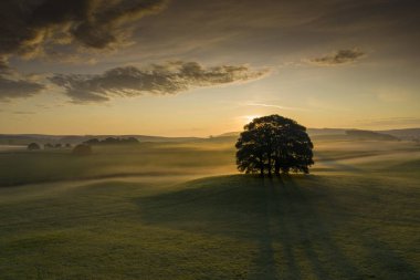 Eshton Yorkshire Dales köyü yakınlarındaki tarım arazisinde güneş doğuyor. Kuzey Yorkshire 'ın Craven ilçesinde küçük bir köy ve sivil bir kilise.