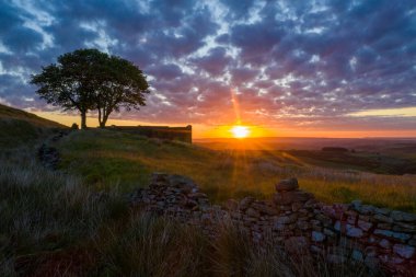 An aerial Sunrise drone shot of Top Withens or Top Withins, this farmhouse has been associated with 