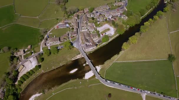 Aerial View Burnsall Its Well Known Bridge River Wharfe Yorkshire — Stock Video