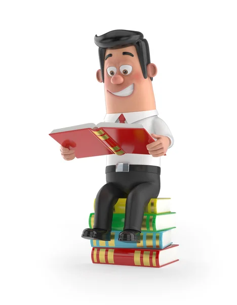 3D divertente cartone animato manager - seduto sui libri — Foto Stock