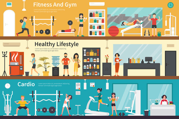 Fitness And Gym Healthy Lifestyle Cardio flat interior outdoor concept web