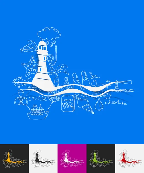 Lighthouse paper sticker with hand drawn elements — Stock Vector