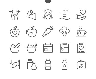 Sağlıklı gıda ve spor simgeleri sıraya