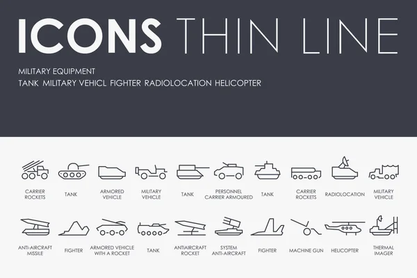 Diseño Ilustración Vectorial Conjunto Equipos Militares Línea Delgada Vectores Iconos — Vector de stock