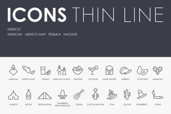 Vector Illustration Design Set Mexico Thin Line Vector Icons Pictograms — Stock Vector