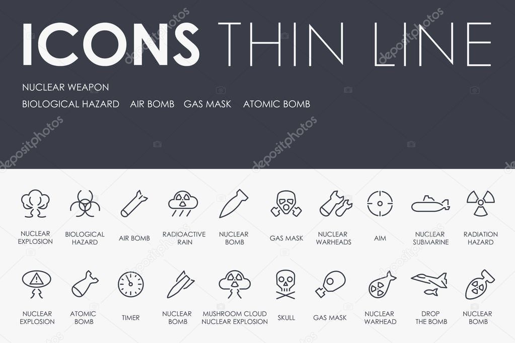 Set of nuclear weapon Thin Line Vector Icons and Pictograms