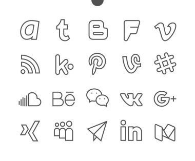 Sosyal medya UI piksel mükemmel iyi hazırlanmış vektör ince çizgi simgeler 48 x 48 Web grafikleri ve Apps düzenlenebilir inme ile 24 x 24 ızgara için hazır. Basit en az piktogram Bölüm 2-2