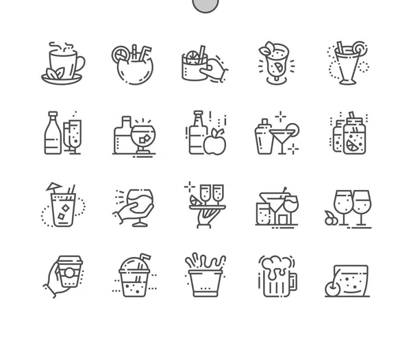 Bebidas Pixel Perfect Vector Thin Line Iconos Grid Web Graphics — Archivo Imágenes Vectoriales