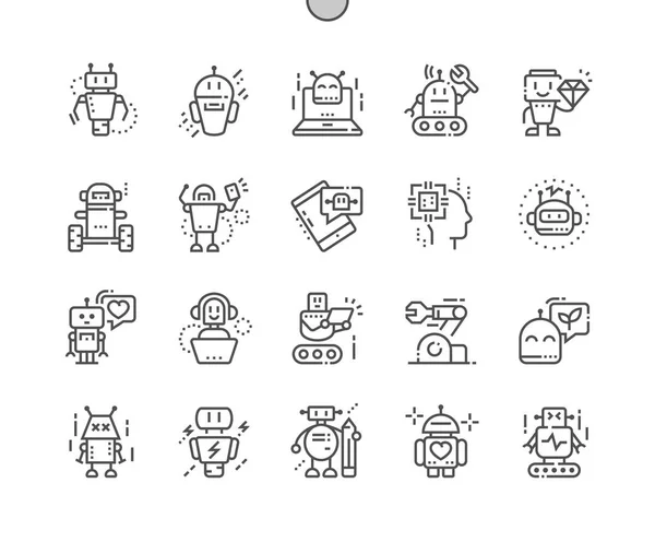 Robots Pixel Perfect Vector Thin Line Icons Grid Web Graphics — Archivo Imágenes Vectoriales