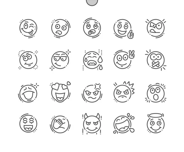 Emociones Pixel Perfect Vector Thin Line Iconos Grid Web Graphics — Archivo Imágenes Vectoriales