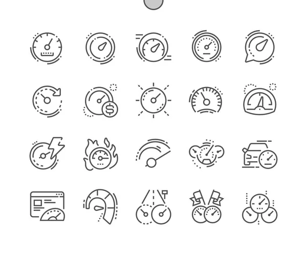 Snelheidsmeter Goed Bewerkte Pixel Perfect Vector Dunne Lijn Pictogrammen Raster — Stockvector