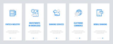 Fintech sanayi, bilgi, bankacılık hizmetleri, elektronik ticaret, mobil bankacılık dikey kartları güçlü metaforlar ile yatırımları. Web sitesi tasarımı için şablon.