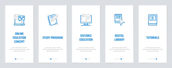 Online Onderwijs Concept Studieprogramma Afstandsonderwijs Digitale Bibliotheek Tutorials Verticale Kaarten — Stockvector