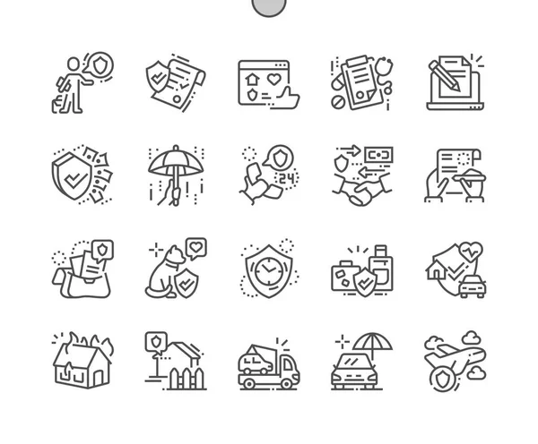 Assicurazione Ben Realizzata Pixel Perfect Vector Thin Line Icons Griglia — Vettoriale Stock