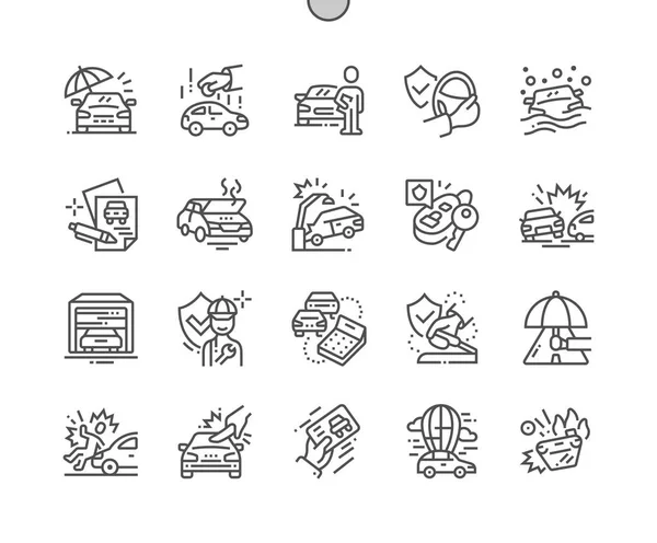 Bil Försäkring Välskrivna Pixel Perfekt Vektor Tunn Linje Ikoner Rutnät — Stock vektor