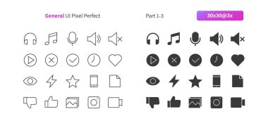 Genel kullanıcı arabirimi piksel mükemmel iyi hazırlanmış vektör ince çizgi ve düz simgeler 30 x 30 kılavuz Web grafikleri ve Apps. Basit en az piktogram Bölüm 3-3