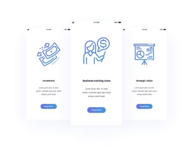 Yatırım, iş eğitim sınıfı, güçlü metaforlar ile stratejik vizyon dikey kartları. Web sitesi tasarımı için şablon.