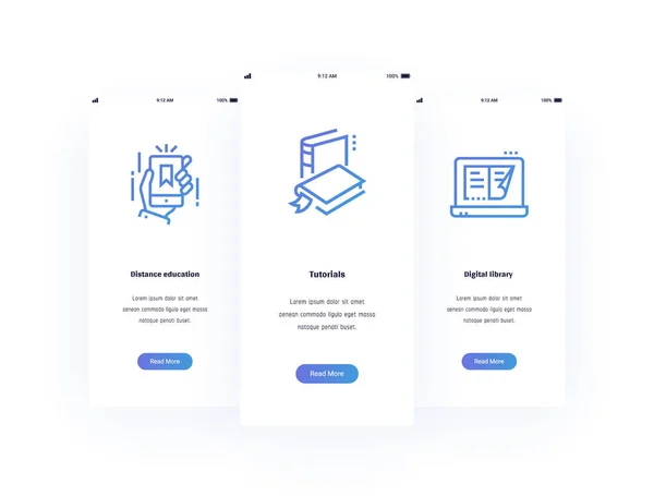 Educación Distancia Tutoriales Biblioteca Digital Tarjetas Verticales Con Fuertes Metáforas — Vector de stock