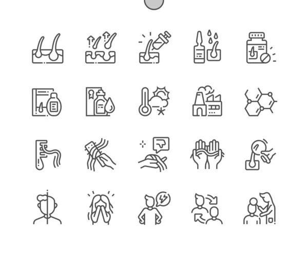 Haarausfall gut verarbeitete Pixel perfekte Vektor dünne Linie Symbole 30 2x Raster für Web-Grafiken und Apps. einfaches minimales Piktogramm — Stockvektor