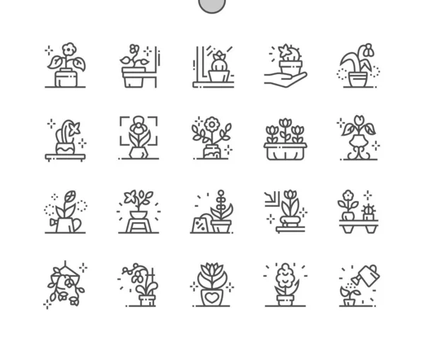 Blumen in Töpfen gut gearbeitete Pixel perfekte Vektor Thin Line Symbole 30 2x Raster für Web-Grafiken und Apps. einfaches minimales Piktogramm — Stockvektor