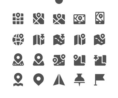 Haritalar Ui Piksel Mükemmel Yapılandırılmış Vektör Katı Simgeler 48x48 Web Grafikleri ve Uygulamaları için 24x24 Şebeke için hazır. Basit Asgari Resim Grafiği