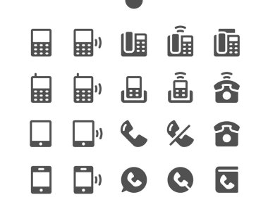 Telefonlar v1 Ui Pixel Mükemmel Yapılandırılmış Vektör Katı Simgeler 48x48 Web Grafikleri ve Uygulamaları için 24x24 Izgara Hazır. Basit Asgari Resim Grafiği