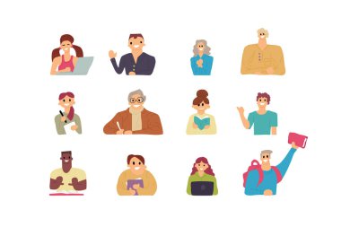 Okuyan ve okuyan insanların derlemesi. Bir grup genç öğrenci, kitap severler, okuyucular, beyaz arka planda izole edilmiş eğlenceli kızlar ve oğlanlar. Düz çizgi film vektör çizimi.