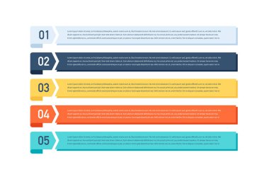 5 seçeneği, aşaması ya da süreci olan bilgi tasarımı. İş akışı düzeni, yıllık rapor, akış çizelgeleri, diyagram, sunumlar, web siteleri, afişler, basılı materyaller için kullanılabilir.