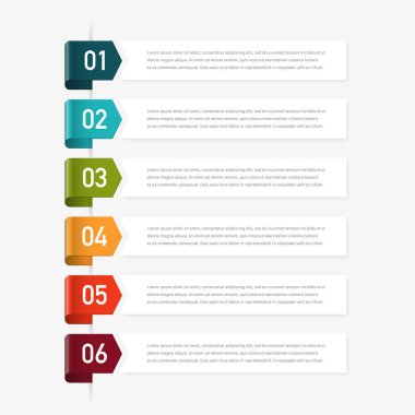 6 seçeneği, aşaması ya da süreci olan bilgi tasarımı. İş akışı düzeni, yıllık rapor, akış çizelgeleri, diyagram, sunumlar, web siteleri, afişler, basılı materyaller için kullanılabilir.