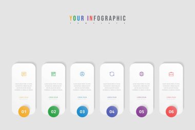 6 seçenek, adım ya da süreç içeren vektör zaman çizelgesi bilgisi. Renkli şablon tasarımı
