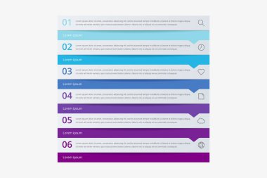 6 aşamalı ya da elementler ve pazarlama simgeleriyle modern vektör soyut bilgi birikimi. İş kavramı zaman çizelgesi.