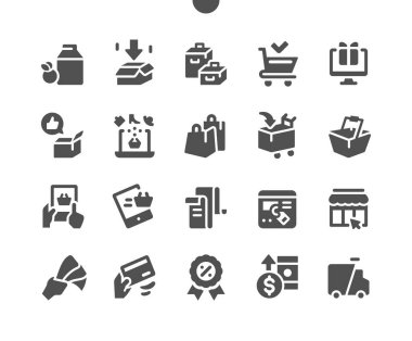Alışveriş UI Pixel Mükemmel Yapılandırılmış Vektör Katı Simgeleri 48x48 Web Grafikleri ve Uygulamaları için 24x24 Izgara Hazır. Basit Asgari Resim Grafiği