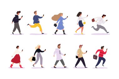 Genç erkekler ve kadınlar ellerinde akıllı telefonlar, mesajlaşmalar, konuşmalar, selfie çekmeler. Düz çizgi film renkli vektör çizimi.