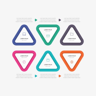 Vektör üçgen element bilgisi. 6 seçeneği, bölümü, adımı veya süreci olan iş konsepti.
