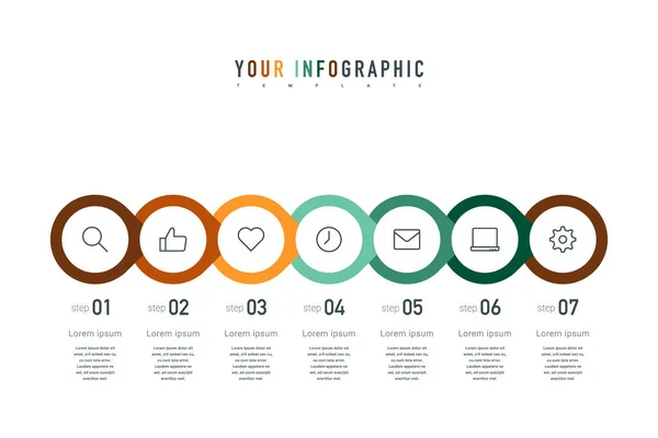 Seven colorful elements, thin line pictograms, pointers and text. Infographic concept design with 7 successive steps. Can be used for annual report, flow charts, diagram, presentations, web sites — Stock Vector