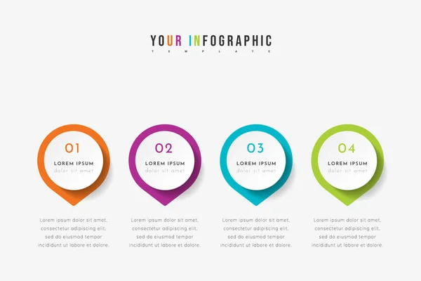 Vector timeline infographic with 4 pointers, steps or processes. Colorful template design. — Stock Vector