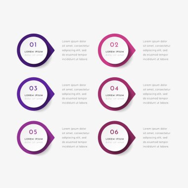 6 nokta, adım ya da işlemle vektör zaman çizelgesi bilgisi. Renkli şablon tasarımı.